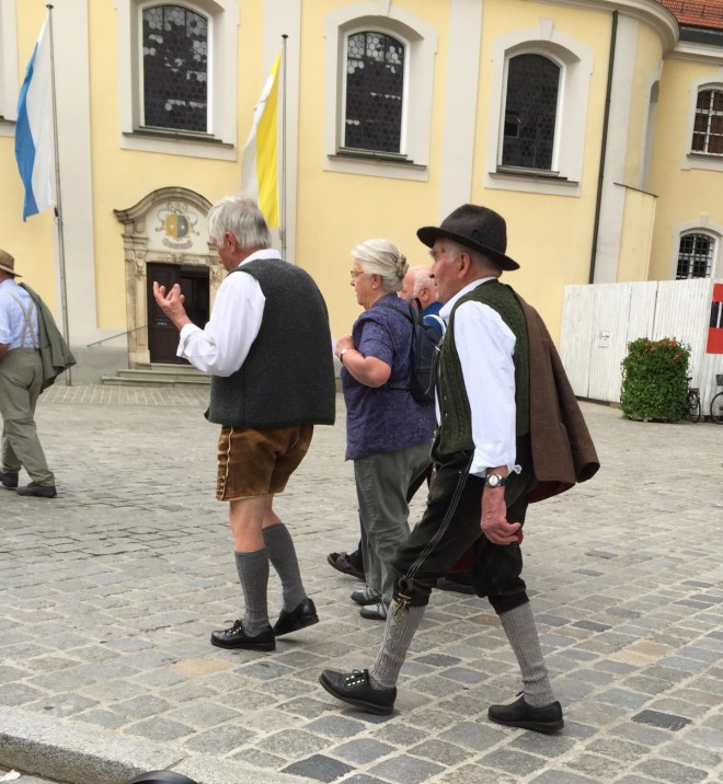 Tourists in Bavarian lederhosen, Regensburg