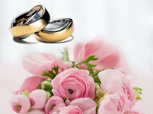 wedding rings and bouquet