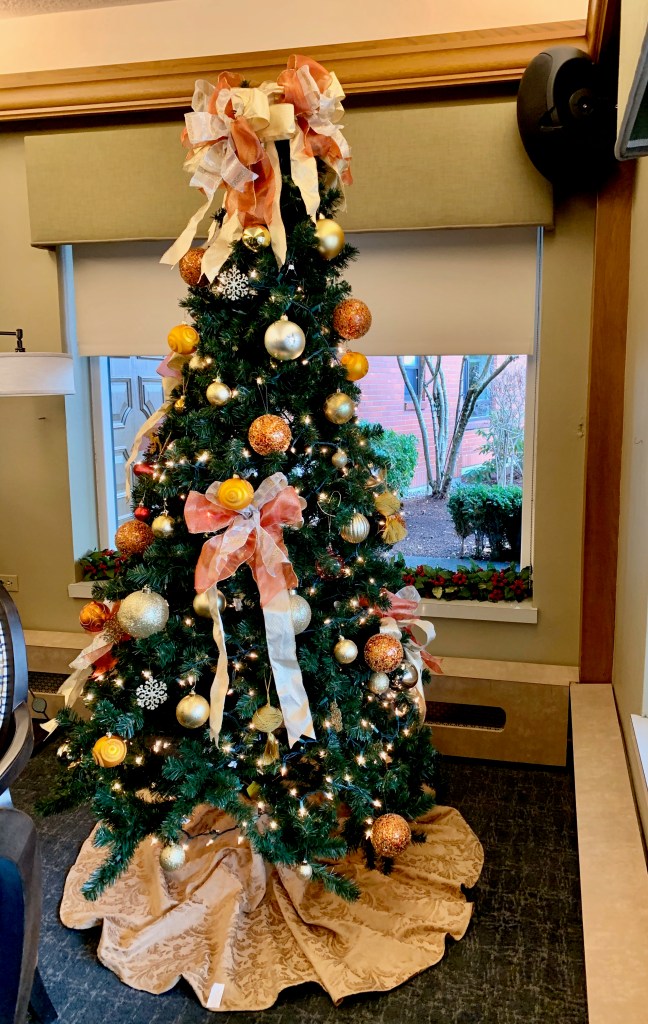 Christmas tree decorated in rose gold