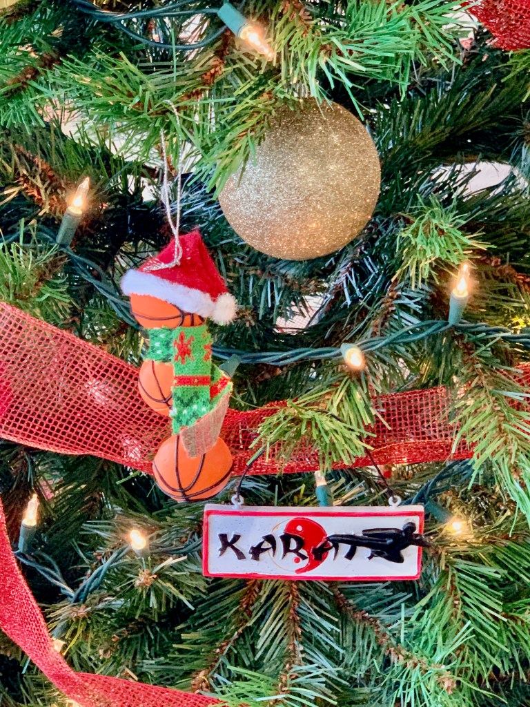 close-up of sports tree decorations: basketball and karate