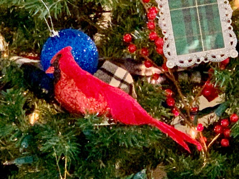 close-up of the plaid tree: red cardinal bird & plaid ornaments