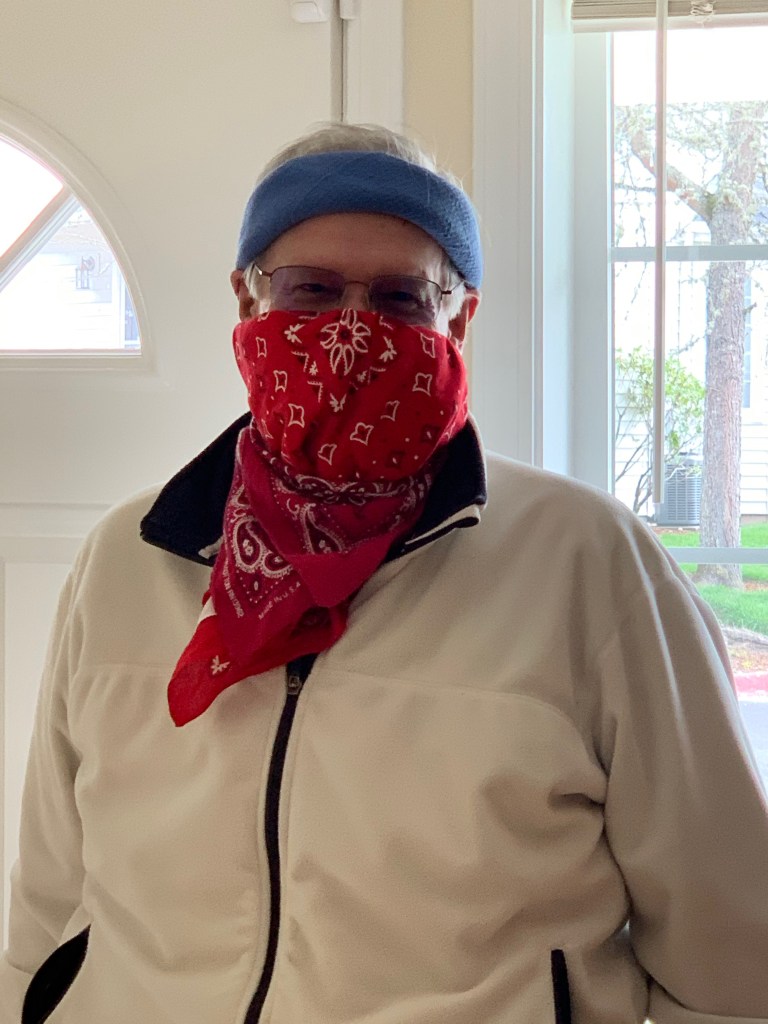 My husband masked up for a trip to the grocery store