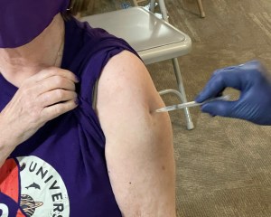 Woman with sleeve rolled up, syringe piercing the skin.